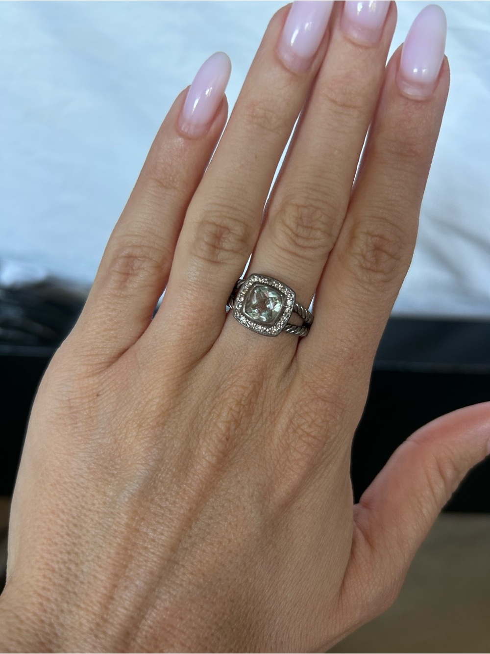 David Yurman Silver Cable Halo Ring with Prasiolite center stone - Picture 5 of 10